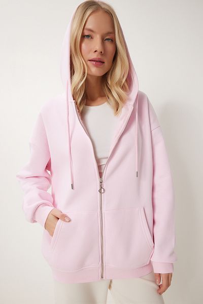 Happiness İstanbul Női Candy Pink kapucnis cipzáras oversize pulóver UB00124
