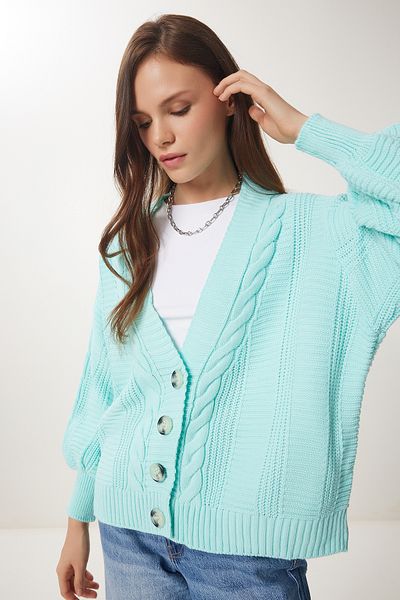 Happiness İstanbul Wassergrüner, geflochtener, lockerer Strick-Cardigan mit Ballonärmeln für Damen MX00176