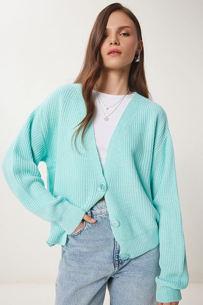 Happiness İstanbul Wassergrüne Strickjacke mit V-Ausschnitt und Knöpfen für Damen MX00175