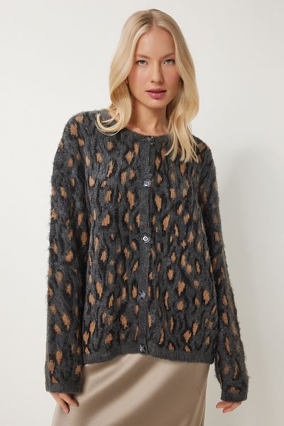 Happiness İstanbul Women's Anthracite Mink Leopard Print Bearded Knitwear Cardigan Kb00043