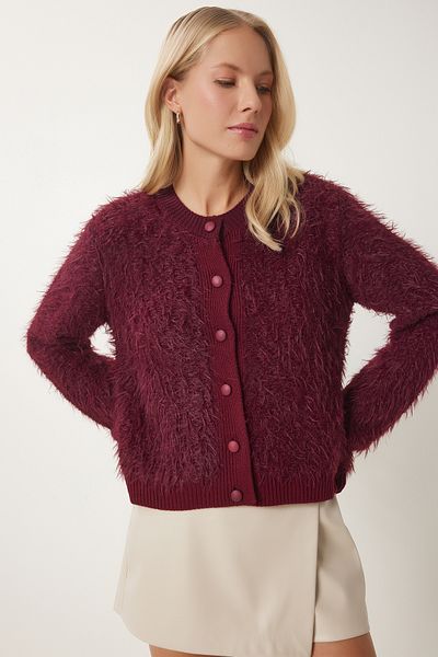 Happiness İstanbul Damen-Strickjacke mit weichem Bart in Burgunderrot MX00180