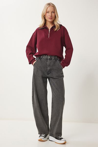 Happiness İstanbul Anthrazitfarbene, gewaschene Baggy-Jeans für Damen OK00064