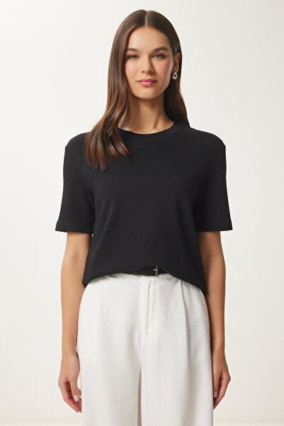 Happiness İstanbul Dámské černé zakouřené bavlněné základní pletené tričko Ag00002