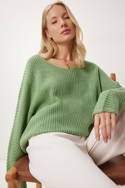 Happiness İstanbul Women's Green V-Neck Oversize Knitwear Sweater YG00099
