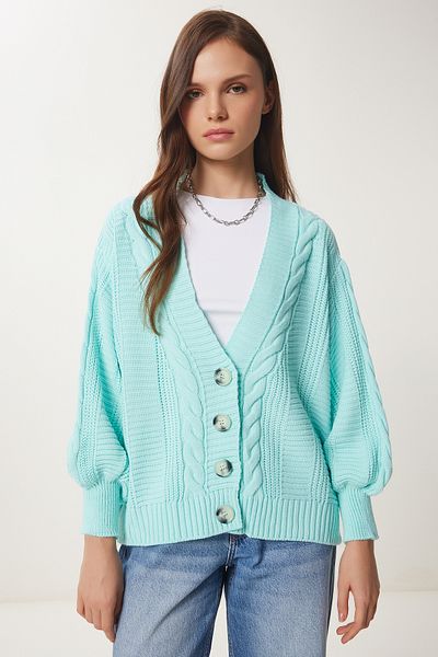 Happiness İstanbul Wassergrüner, geflochtener, lockerer Strick-Cardigan mit Ballonärmeln für Damen MX00176