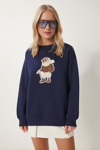 Happiness İstanbul Marineblaues Teddybär-Wappen – Raster-Strickpullover für Damen WE00001