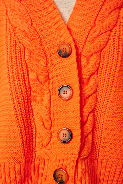 Happiness İstanbul Cardigan de damă portocaliu împletit cu mâneci cu balon MX00176