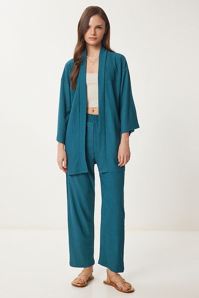 Happiness İstanbul Smaragdgrünes Kimono-Hosen-Strickset für Damen BY00050