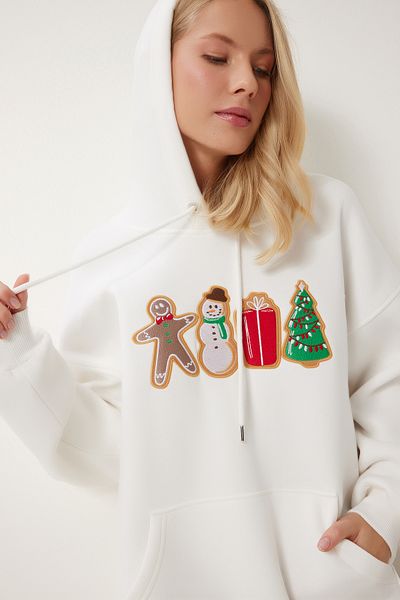 Happiness İstanbul Ecrufarbenes Strick-Sweatshirt mit Kapuze – Neujahrs-Thema TQ00001