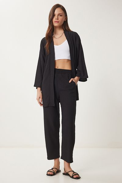 Happiness İstanbul Schwarzes Strickset mit Kimonohose für Damen BY00050