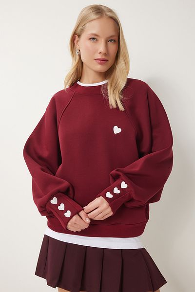 Happiness İstanbul Hanorac tricotat pentru damă cu broderie inimă roșie Claret - MP00031