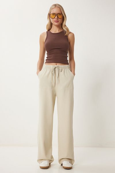 Happiness İstanbul Cremefarbene Denim-Palazzo-Hose mit weitem Bein und blassem Effekt – MX00179