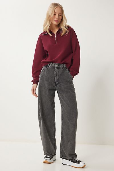 Happiness İstanbul Anthrazitfarbene, gewaschene Baggy-Jeans für Damen OK00064