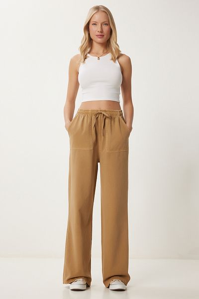 Happiness İstanbul Damen-Jeans-Palazzo-Hose mit weitem Bein und hellbraunem Effekt MX00179