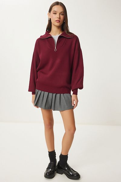 Happiness İstanbul Burgunderfarbener Basic-Strickpullover mit Reißverschlusskragen für Damen PF00007