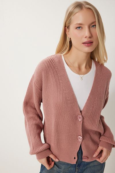 Happiness İstanbul Damen-Strickjacke Dusty Rose mit V-Ausschnitt und Knöpfen MX00175