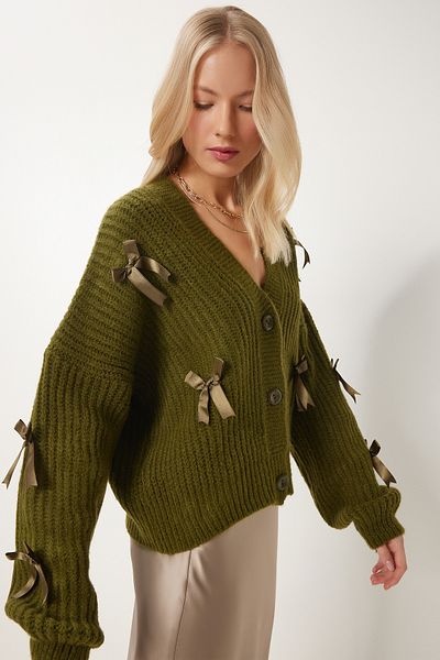 Happiness İstanbul Khakifarbene Strickjacke mit Schleife für Damen PF00095