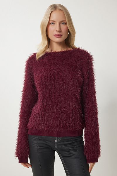 Happiness İstanbul Damen-Strickpullover mit weichem Bart in Burgunderrot MX00178