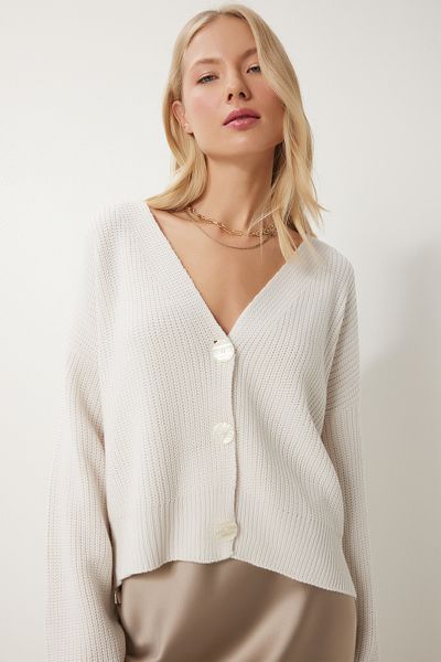 Happiness İstanbul Damen-Strickjacke mit V-Ausschnitt und Knöpfen MX00175