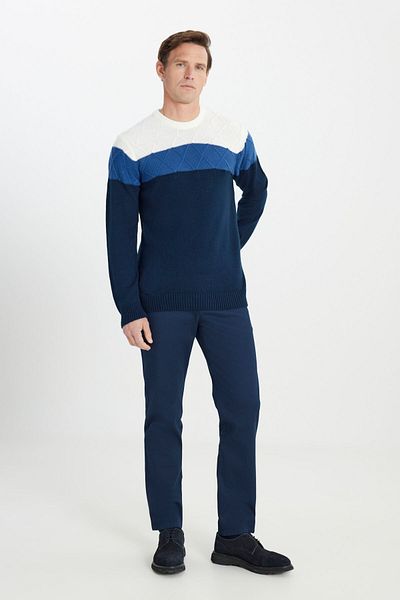 AC&Co / Altınyıldız Classics Ανδρικό πλεκτό πουλόβερ με στάμπα Colorblock με στάμπα εκρού με λαιμόκοψη