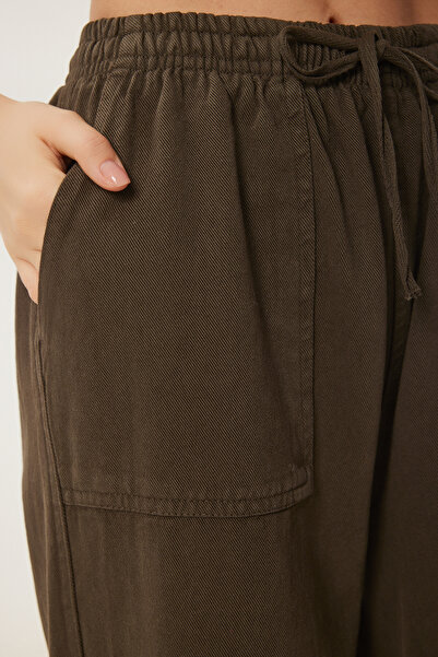Happiness İstanbul Dark Khaki - Pale Effect Wide Leg Denim Palazzo Trousers Mx00179
