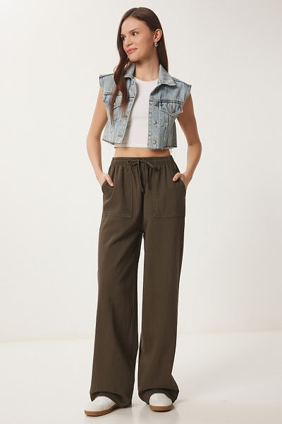 Happiness İstanbul Dunkelkhakifarbene Denim-Palazzo-Hose mit weitem Bein und blassem Effekt MX00179