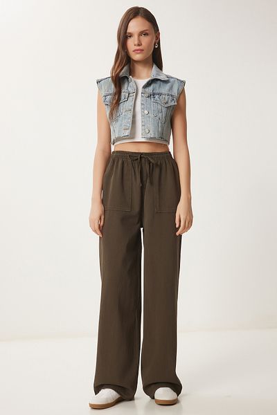Happiness İstanbul Dunkelkhakifarbene Denim-Palazzo-Hose mit weitem Bein und blassem Effekt MX00179