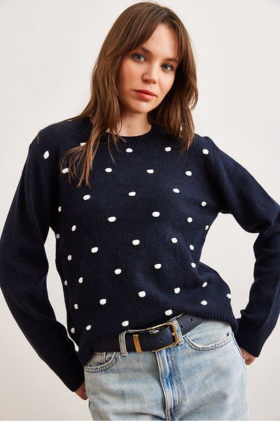 Olalook Navy Blue Pompom Women's Knitwear Sweater - Kzk- 19000923