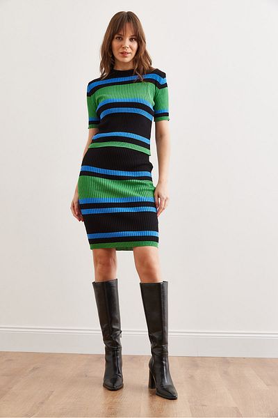 Olalook Women's Mint Black Striped Mini Skirt Knitwear Suit Tkm- 19000326