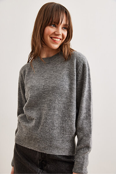 Olalook Pulover de bază cu textura moale, gri, cu gât crew, KZK- 19000845