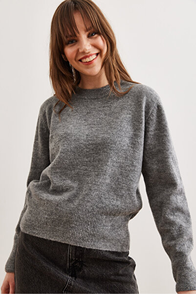 Olalook Pulover de bază cu textura moale, gri, cu gât crew, KZK- 19000845