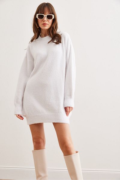 Olalook Women's Ecru Stand Collar Soft Textured Beard Knitwear Tunic Dress Elb- 19002325