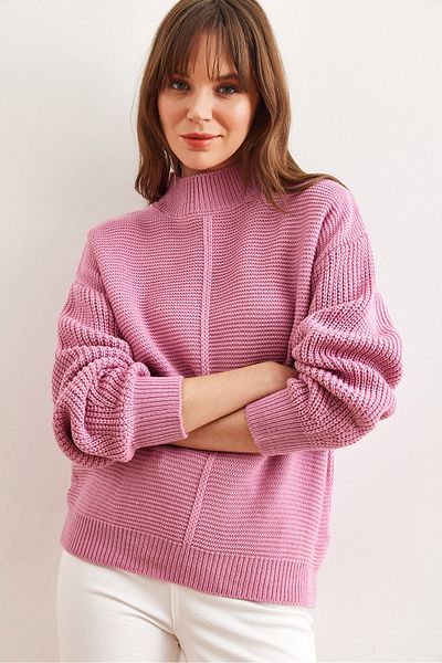 Olalook Pulover de damă Dusty Rose cu dungi în față pe jumătate de pescar KZK- 19000928