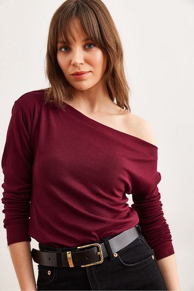 Olalook Bluză elastică pentru femei, uni, burgundă, cu dungi premium, cu atingere moale, cu gât de barcă BLZ- 19002448