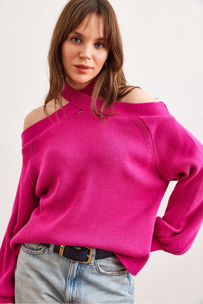 Olalook Pulover de tricotaj cu guler încrucișat fucsia pentru femei KZK- 19000192