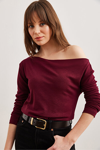 Olalook Claret Red ριγέ Premium γυναικεία μπλούζα - Strechy, λαιμόκοψη BLZ- 19002448