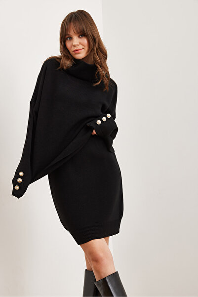 Olalook Női fekete felső gombos részletes pulóver alsó redős szoknya kötöttáru szett TKM- 19000329