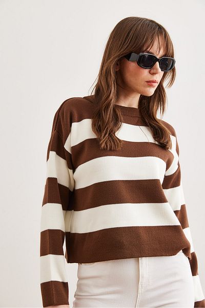 Olalook Brown Striped Crew Neck Knitwear Women's Sweater - Kzk- 19000932