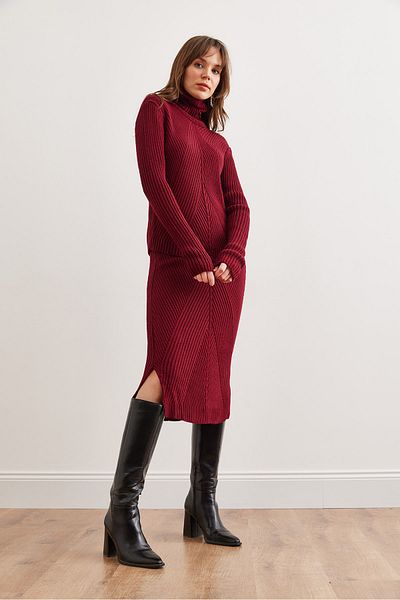 Olalook Women's Burgundy Geometric Textured Skirt Knitwear Suit Tkm- 19000325