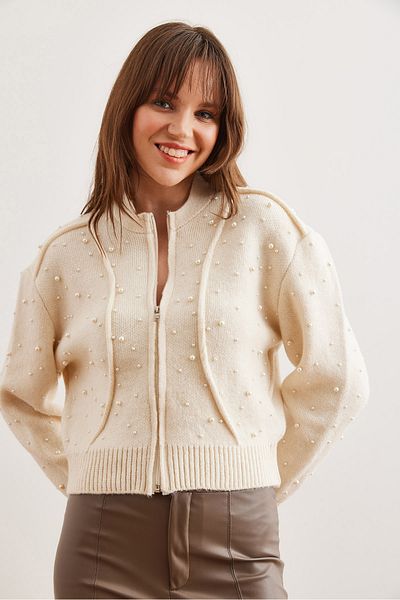 Olalook Women's Ecru Pearl Detailed Zippered Knitwear Jacket Ckt- 19000422