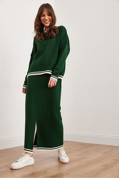 Olalook Emerald Green Women's Knitwear Set - Top Sweater and Bottom Slit Skirt Tkm- 19000327