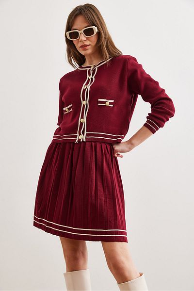 Olalook Burgundy Knitwear Set - Top Cardigan and Pleated Skirt Tkm- 19000330