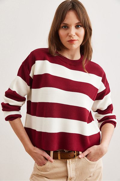 Olalook Pulover din tricot cu dungi roșii Claret - Decolteu, Femei, KZK- 19000932