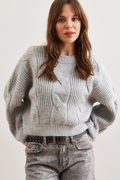 Olalook Women's Gray Thick Hair Braided Soft Textured Knitwear Sweater Kzk- 19000902