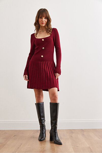 Olalook Kadın Bordo Düğme Detaylı Eteği Pileli Triko Elbise ELB-19002326
