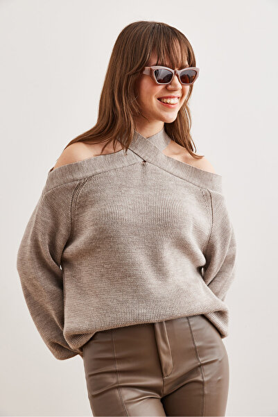 Olalook Mink Colored Cross Collar Women's Knitwear Sweater - Kzk- 19000192