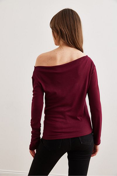 Olalook Bluză elastică pentru femei, uni, burgundă, cu dungi premium, cu atingere moale, cu gât de barcă BLZ- 19002448