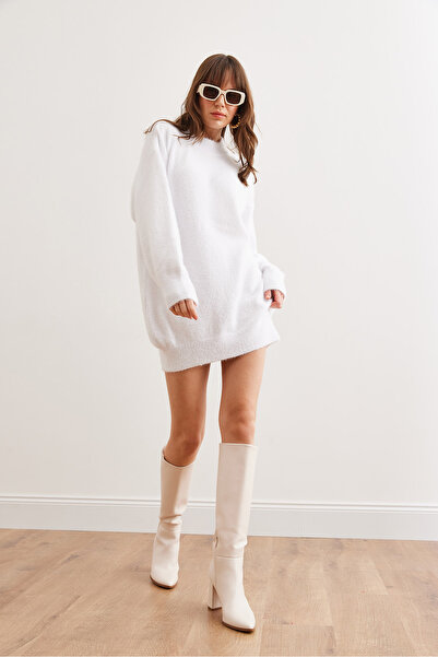 Olalook Γυναικείο εκρού όρθιο γιακά με απαλή υφή γένια πλεκτό φόρεμα τουνίκ ELB- 19002325