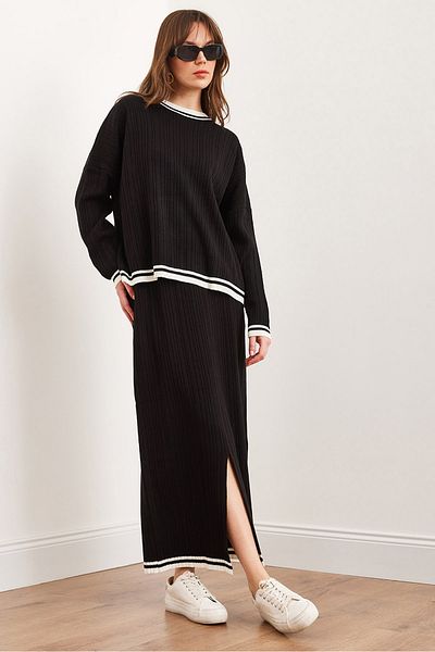 Olalook Women's Black Top Sweater Bottom Slit Skirt Knitwear Set Tkm- 19000327