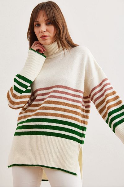 Olalook Women's Ecru Turtleneck Colorful Striped Knitwear Tunic Tnk- 19000103